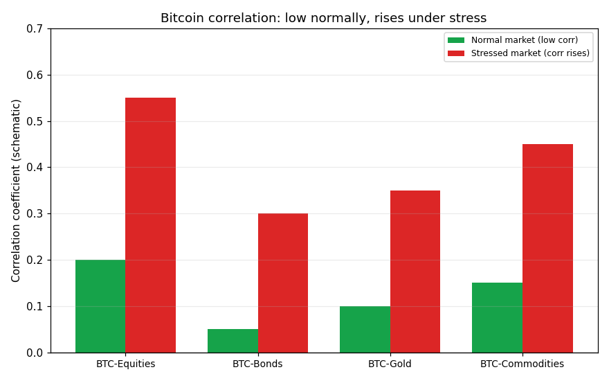 Correlation: low normally, rises under stress